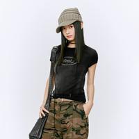 Mmlg 渐变晕染正肩短袖t恤女2026夏季新款女版修身显瘦复古做旧T