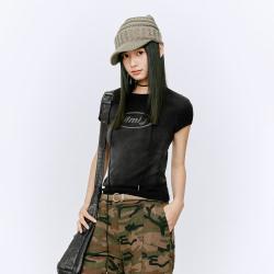 Mmlg 渐变晕染正肩短袖t恤女2026夏季新款女版修身显瘦复古做旧T