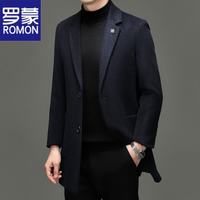 罗蒙 男士毛呢大衣男中长款纯羊毛外套2026冬季新款中年爸爸呢子风衣 藏青色 XL 180