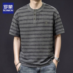罗蒙 亨利polo领短袖T恤男夏季透气美式复古条纹上衣新款大码百搭衣服 8236绿条纹 2XL
