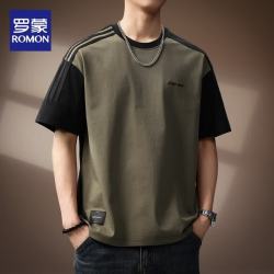 罗蒙（ROMON）高端美式短袖t恤男夏季宽松圆领休闲上衣新款重磅圆领百搭男衣服 YTX672咖色 L