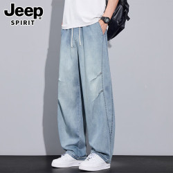 JEEP SPIRIT 牛仔裤男士美式复古阔腿弯刀裤夏季新款水洗宽松直筒休闲长裤