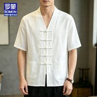 罗蒙 新中式男装国风盘扣立领夏季短袖衬衫改良半唐装民国衬衣汉服上衣 白色 M