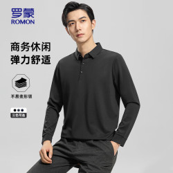 罗蒙 长袖t恤男polo领中青年26年春秋纯色商务休闲T恤衫上衣D09黑色4XL