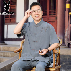 PLAYBOY 唐装男中老年爸爸短袖夏装套装中国风老人衣服爷爷装汉服衣服
