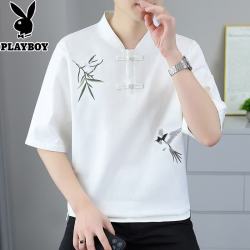PLAYBOY 新中式含亚麻短袖t恤男士2026新款中国风刺绣棉麻唐装汉服男