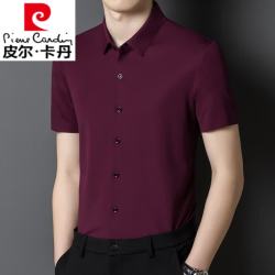 皮尔·卡丹 皮尔卡丹（pierre cardin）衬衫男士短袖含真|丝酒红爸爸婚宴装夏装喜公公结婚礼服 红色 L 175