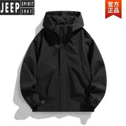 JEEP SPIRIT 美式户外冲锋衣外套男生春季高级感痞帅潮流宽松工装连帽夹克外套 黑色 L 175