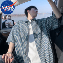NASA MARVEL 衬衫男士夏季轻薄透气宽松翻领潮流格子百搭上衣 蓝格  XL