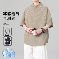 月伊纺 短袖t恤男士立领半袖宽松大码体恤衫美式速干透气亨利领五分袖潮T