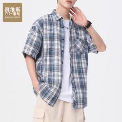 JEANSWEST OUTDOOR 短袖衬衫男士夏季潮流翻领薄款格子宽松衬衣 深蓝色 XL