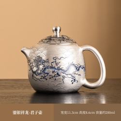 景盏 纯银鎏银龙纹茶壶200ML