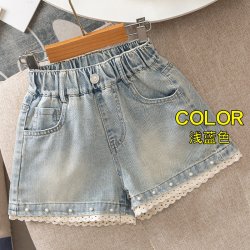 女童牛仔短裤夏季薄款2025新款夏装女孩花边珍珠外穿儿童裤子夏