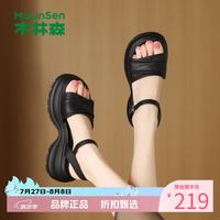 木林森 女鞋羊皮革凉鞋 夏季轻便一字带凉鞋休闲优雅女士增高显瘦凉鞋子