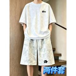 灿图 潮牌高街扎染短袖t恤套装男夏季新款五分短裤学生休闲穿搭两件套 白T恤+白短裤 XL
