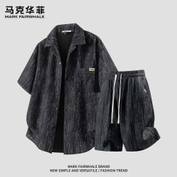 马克华菲 短袖衬衫套装男款美式复古扎染宽松休闲短裤大码两件套 黑色 2XL