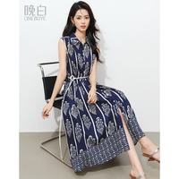 晚白 冰丝假日特色印花衬衫裙女