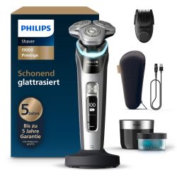 Philips 飞利浦 Razor i9000 Prestige 干湿两用剃须刀,带集成修剪器,灰色/银色,压力传感器,清洁站,5+1 胡须造型器,充电站和旅行盒(型号 XP9204/33 ) )