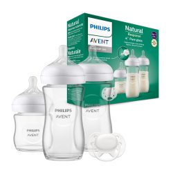 Philips Avent 飞利浦新安怡 玻璃奶瓶,新生儿礼品套装 - 3 个天然响应婴儿奶瓶,超柔软奶嘴,适合 0-6 个月及年龄的婴儿(型号 SCD878/11)