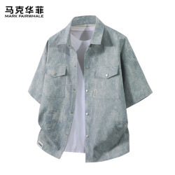 马克华菲 短袖衬衫男夏季美式复古工装衬衣男潮牌休闲扎染外套男装上衣服
