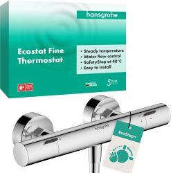 Hansgrohe 汉斯格雅 Ecostat Fine 13324000 表面安装淋浴恒温器,带 EcoStop + 的淋浴龙头(SafetyStop),40°C,淋浴恒温器,适用于1位消费者的混合龙头,镀铬