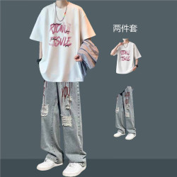 摘星少年 夏季男生短袖T恤套装搭配牛仔裤休闲男装潮男潮牌时尚显高两件套 字母白色短袖+牛仔裤蓝色2件套 XL