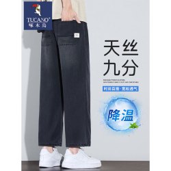 啄木鸟 天丝九分牛仔裤男士夏季薄款冰丝宽松凉感垂顺直筒裤子男士 烟灰色 XL （130-150斤）