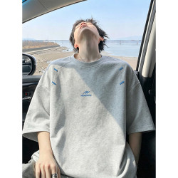 灿图 美式解构拼接刺绣短袖t恤男夏季潮牌cleanfit五分半截袖宽松上衣 白灰色 XL