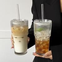 ins风大容量带盖带吸管竖条纹玻璃杯冷饮杯果汁水杯咖啡杯