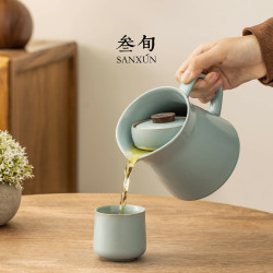 叁旬 汝窑望山飘逸壶高档茶水分离飘逸杯一人独饮功夫茶具套装家用 望山_汝窑飘逸壶