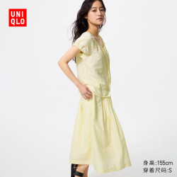 优衣库 麻混纺U领衬衫/短袖女装/衬衣空调衫483892 41 杏黄色 M