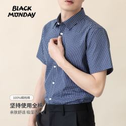 BLACKMONDAY 纯棉格子衬衫男短袖薄款全棉商务休闲男士正装液氨抗皱免烫衬衣