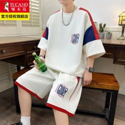 啄木鸟 青少年夏季套装2026新款男孩高初中学生短袖t恤帅气夏男装衣服 5221白蓝红套装