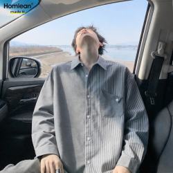 Homlean 日系条纹拼接衬衫长袖男秋季休闲宽松高级感衬衣外套HC35灰色XL