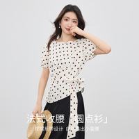 尚都比拉 含亚麻波点印花雪纺衫女夏季法式复古收腰上衣氛围感圆领显瘦女装 杏色 S