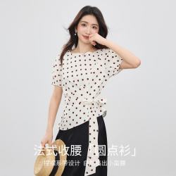 尚都比拉 含亚麻波点印花雪纺衫女夏季法式复古收腰上衣氛围感圆领显瘦女装 杏色 S