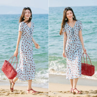 PLUS会员：尚都比拉 法式复古连衣裙女夏季优雅V领度假碎花裙捏褶显瘦A字裙 天蓝色 M