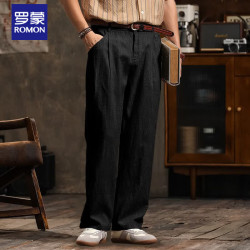 罗蒙 复古棉麻直筒美式休闲裤男士夏季宽松透气垂感长裤子 黑色    4XL