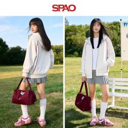 SPAO 韩系复古哈苏线连帽卫衣外套女宽松落肩休闲日常通勤拉链开衫上衣