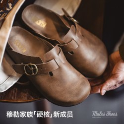 马登 勃肯鞋疯马皮懒人半拖男鞋新款厚底外穿软木包头休闲皮面拖鞋