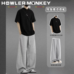 声猴美式T恤男士夏季短袖t套装polo衫衣服男装休闲直筒裤子半截袖男装 黑色上衣+灰色休闲裤 XL