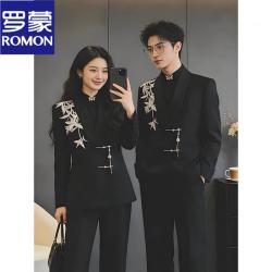 罗蒙 新中式西服套装正肩西装外套男士订婚结婚礼西服翠竹刺绣中山装男 黑色西装 黑色西裤