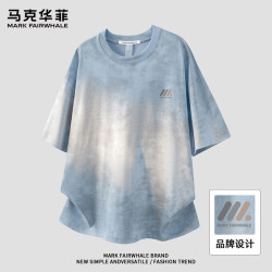 马克华菲 夏季美式扎染短袖T恤男韩版宽松休闲舒适半袖上衣ins潮 浅蓝 M