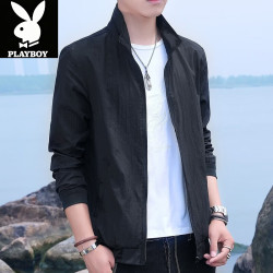 PLAYBOY 冰丝防晒衣男夏季薄款透气皮肤衣钓鱼立领夹克户外防晒服外套男士 黑色 XL