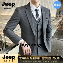 JEEP SPIRIT条纹西装男套装灰色条纹西服三件套正装商务休闲新郎结婚礼服 灰色 M