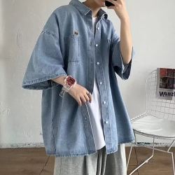 嘉晔 JIAYE牛仔短袖衬衫男2026夏秋季薄款ins潮港风休闲衬衣外套上衣潮 黑色 XL