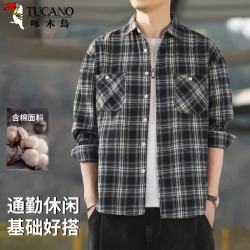 啄木鸟 长袖衬衫男士商务休闲条纹格子衬衣舒适时尚百搭男装 黑色 XL