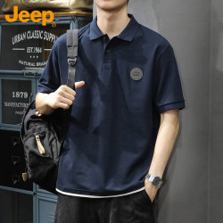 吉普 短袖T恤男士夏季假两件Polo休闲衫宽松衣服男装 藏青色 XL