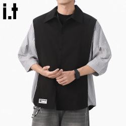 :CHOCOOLATE it拼接假两件七分衬衫男士夏季新款上衣短袖衬衣服 黑配灰    2XL