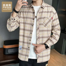 JEANSWEST OUTDOOR 衬衫男士春秋百搭复古翻领格子上衣户外休闲衬衣外套 卡其色 2XL
